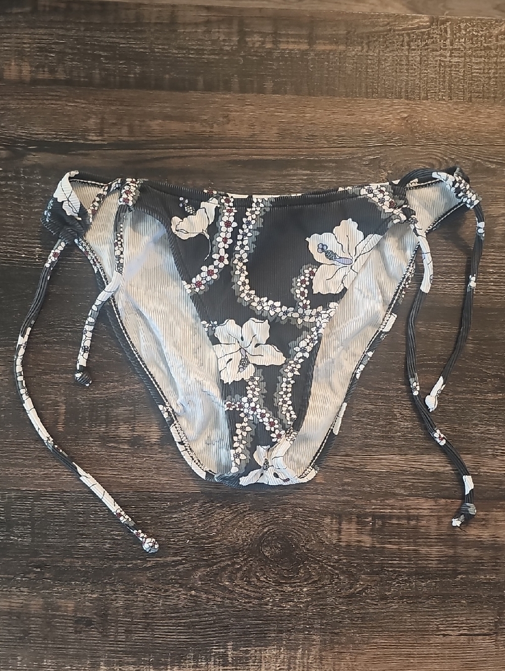 Roxy Womens Floral Black and White Ribbed Bikini Bottom with Side Ties